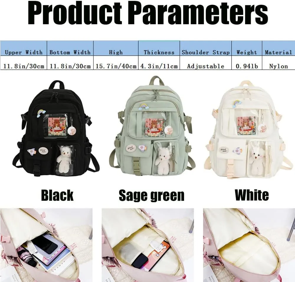 LELEBEAR Kawaii Backpack, Cute Bookbags With Kawaii Pin And Accessories (Black)