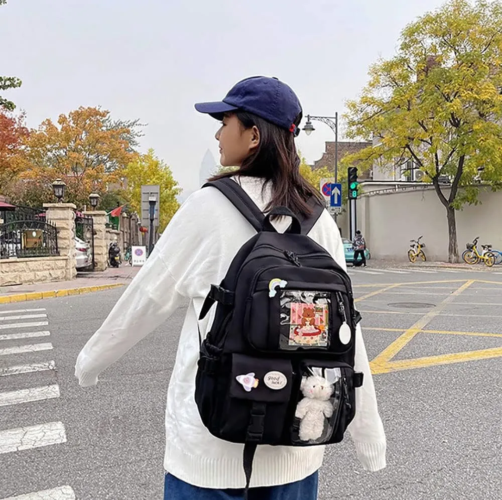 LELEBEAR Kawaii Backpack, Cute Bookbags With Kawaii Pin And Accessories (Black)
