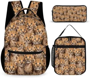 Leopard Backpack with Lunch Box & Pencil Case for Kids Girls Boys School, 16 Inch Cute Cheetah Bookbag, School Backpack for Students Children, Lightweight, Large Capacity