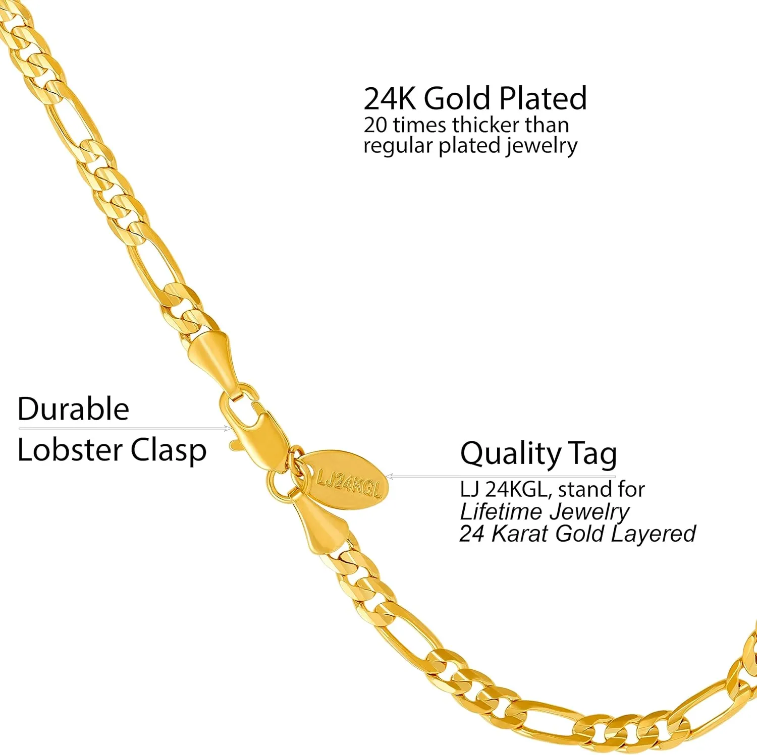 LIFETIME JEWELRY Womens Gold Anklet 4mm Figaro Chain Ankle Bracelet 24k Real Gold Plated