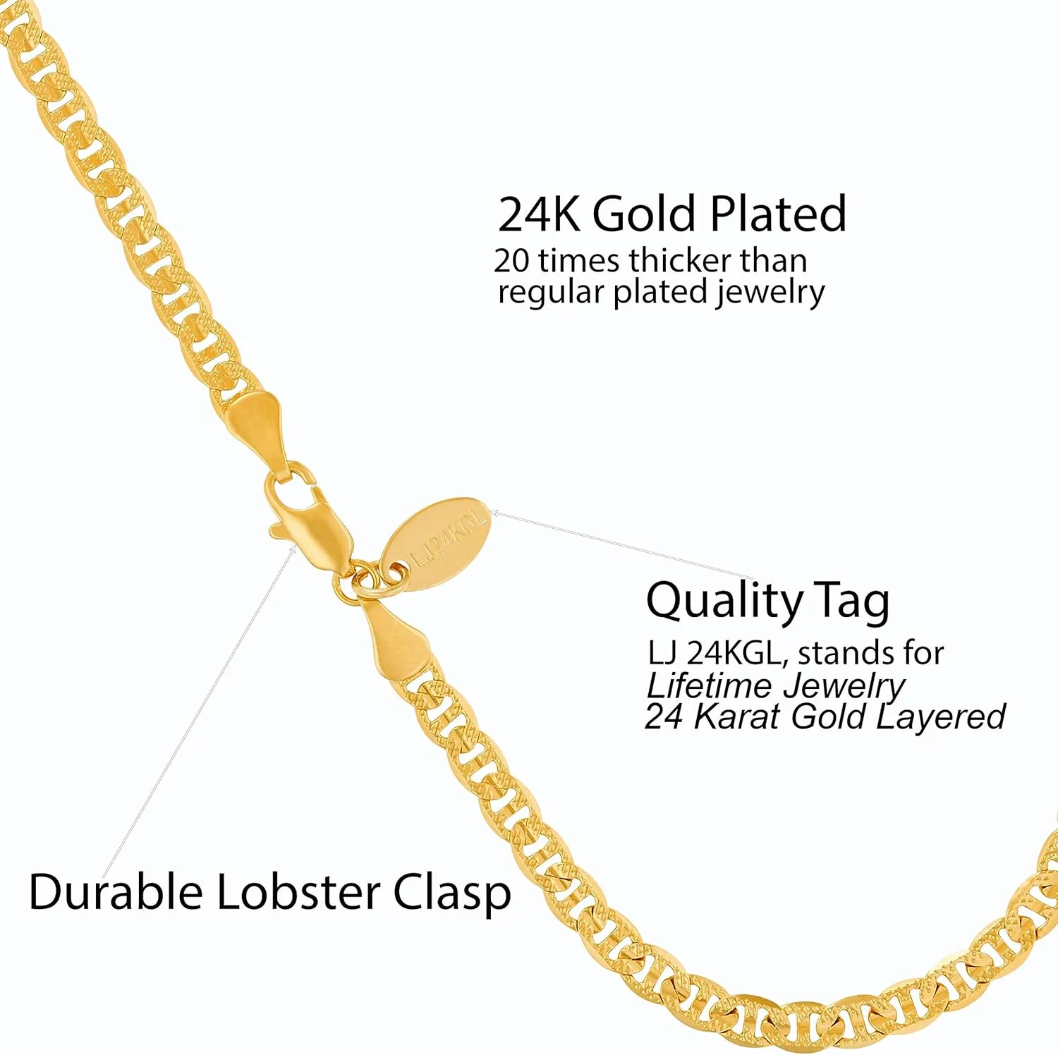 LIFETIME JEWELRY Womens Gold Anklet 4mm Mariner Link Chain Ankle Bracelet 24k Gold Plated