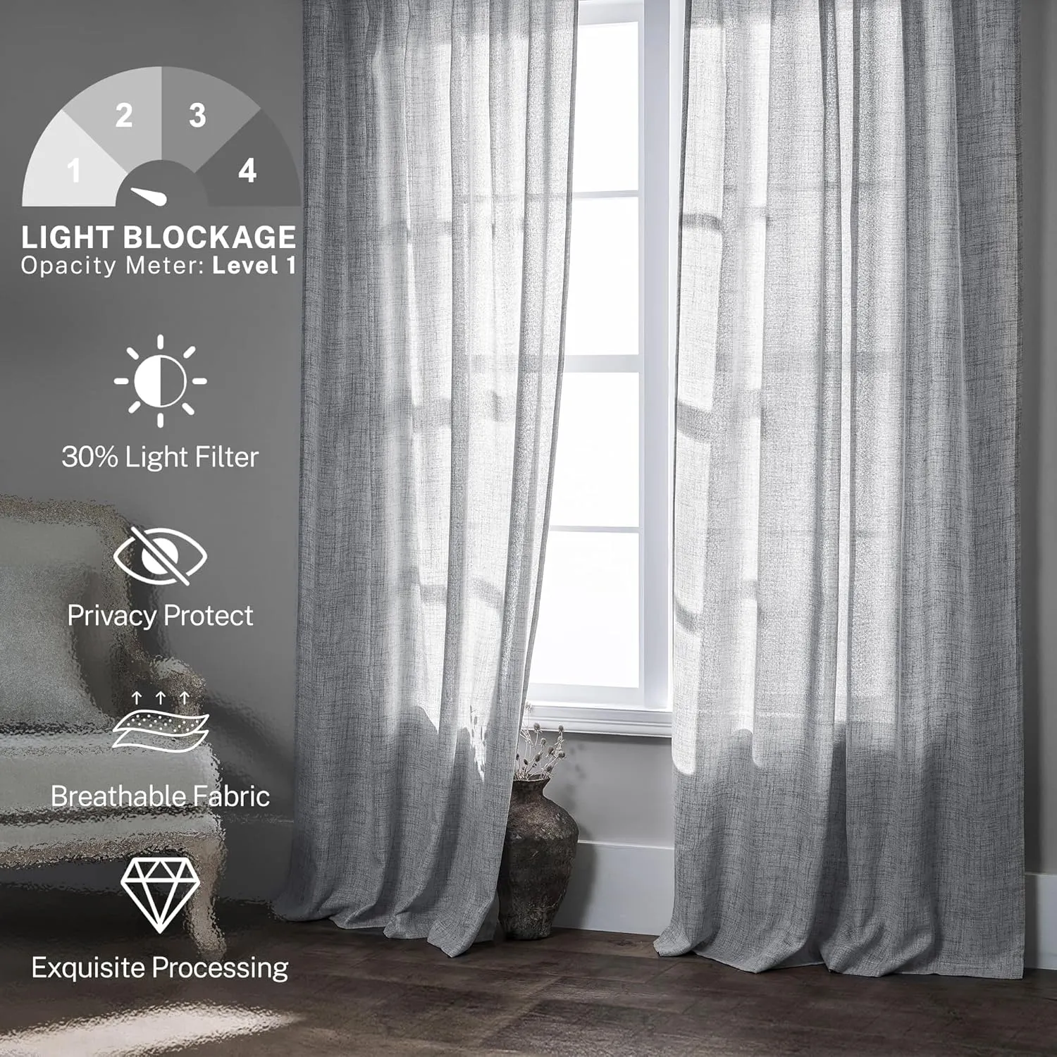 Light Grey Linen Semi Sheer Curtains 84 Inch Long 2 Panels for Living Room Rod Pocket Back Tab Privacy Added Farmhouse Window Curtain Panels with Light Filtering Vertical Drapes for Bedroom