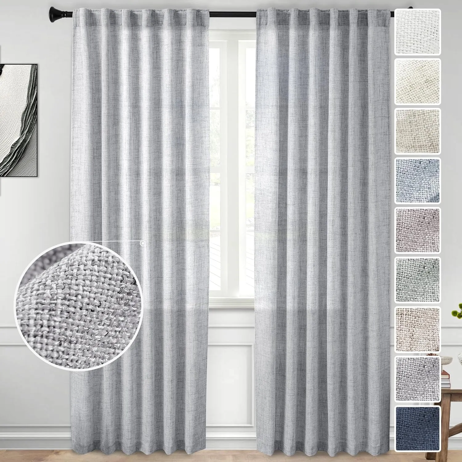 Light Grey Linen Semi Sheer Curtains 84 Inch Long 2 Panels for Living Room Rod Pocket Back Tab Privacy Added Farmhouse Window Curtain Panels with Light Filtering Vertical Drapes for Bedroom