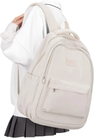 Lightweight School Backpack for Women Men, Laptop Travel Casual Daypack College Secondary School Bags Bookbag for Teenage Girls Boys, Beige