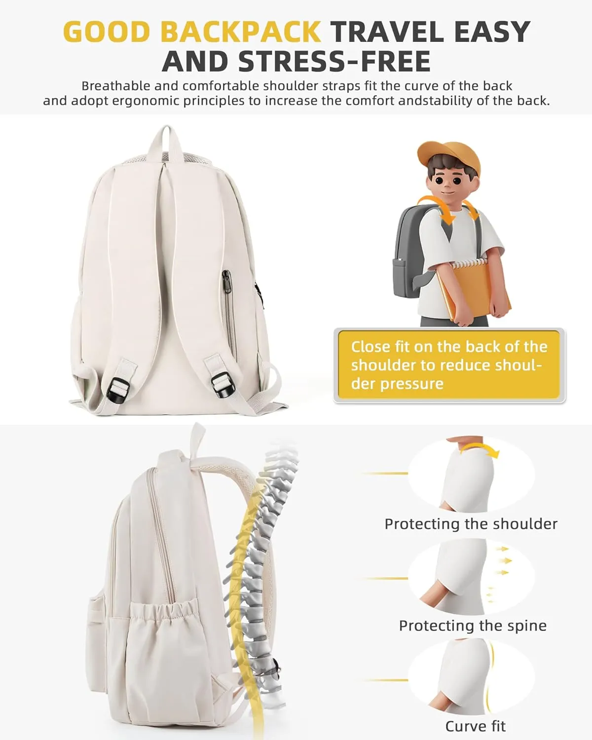 Lightweight School Backpack for Women Men, Laptop Travel Casual Daypack College Secondary School Bags Bookbag for Teenage Girls Boys, Beige