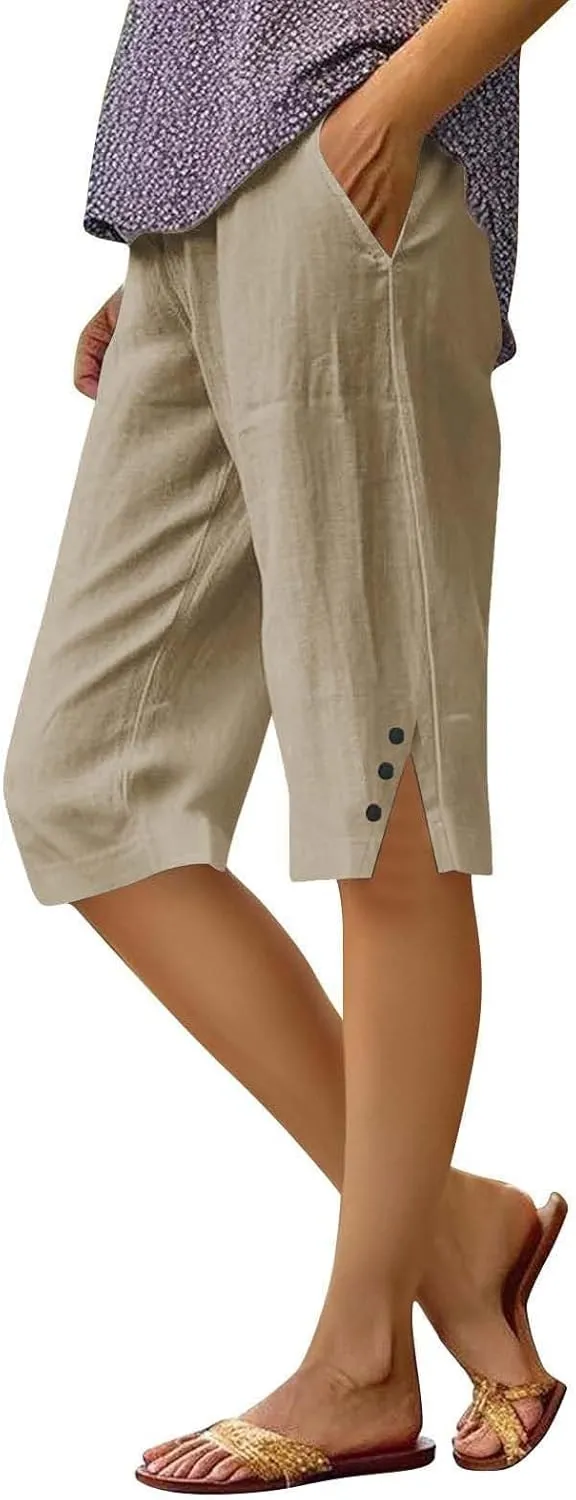 Linen Bermuda Shorts for Women Knee Length Lightweight Casual Capris Pants Ladies Summer Outfits with Pockets