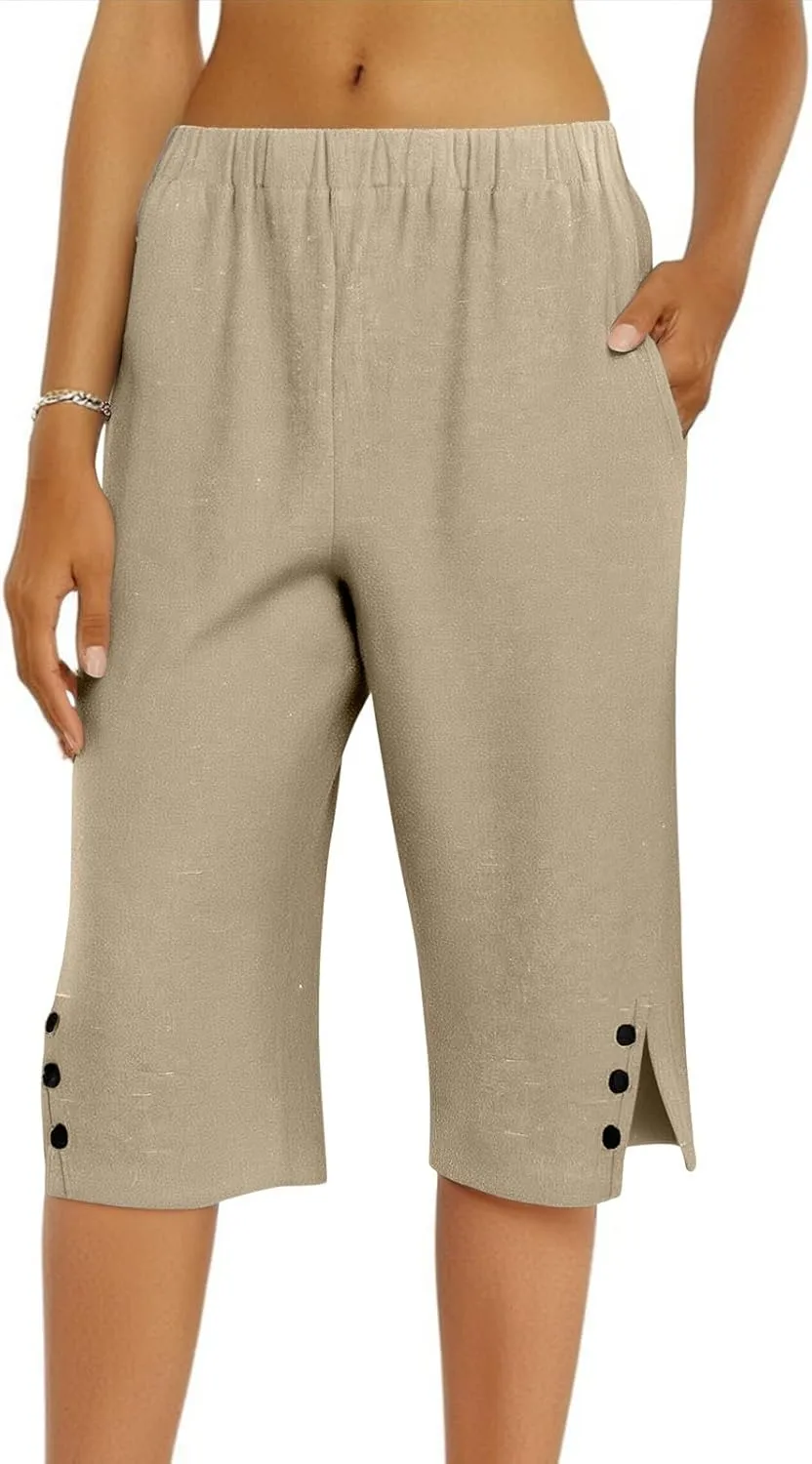 Linen Bermuda Shorts for Women Knee Length Lightweight Casual Capris Pants Ladies Summer Outfits with Pockets