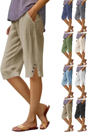 Linen Bermuda Shorts for Women Knee Length Lightweight Casual Capris Pants Ladies Summer Outfits with Pockets