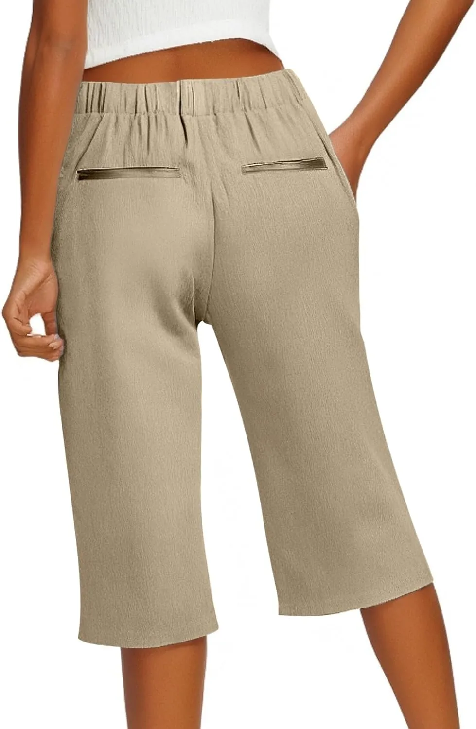 Linen Bermuda Shorts for Women Knee Length Lightweight Casual Capris Pants Ladies Summer Outfits with Pockets
