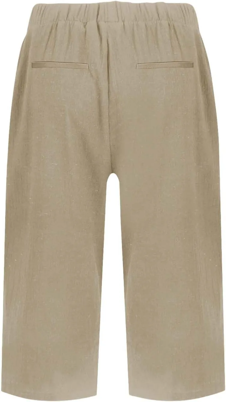 Linen Bermuda Shorts for Women Knee Length Lightweight Casual Capris Pants Ladies Summer Outfits with Pockets