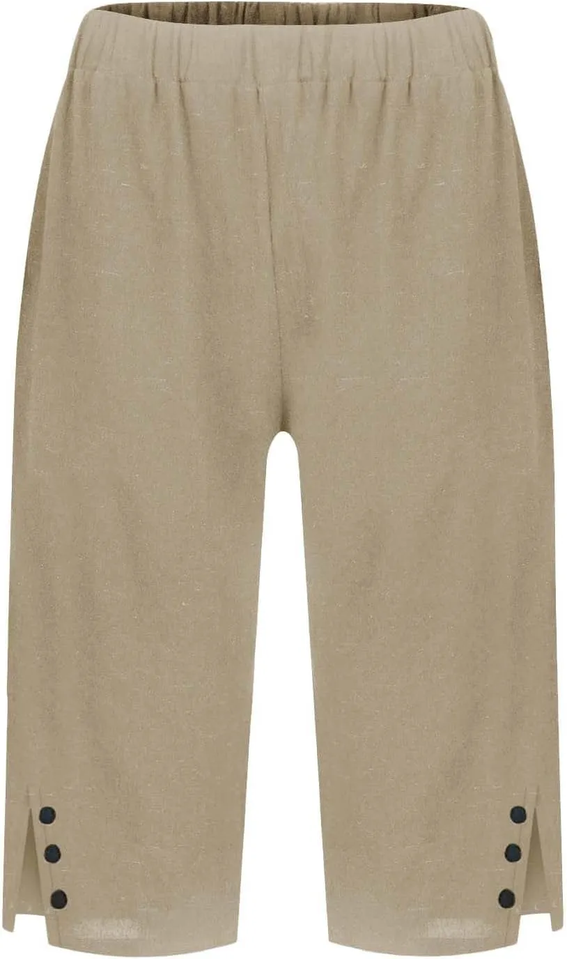 Linen Bermuda Shorts for Women Knee Length Lightweight Casual Capris Pants Ladies Summer Outfits with Pockets