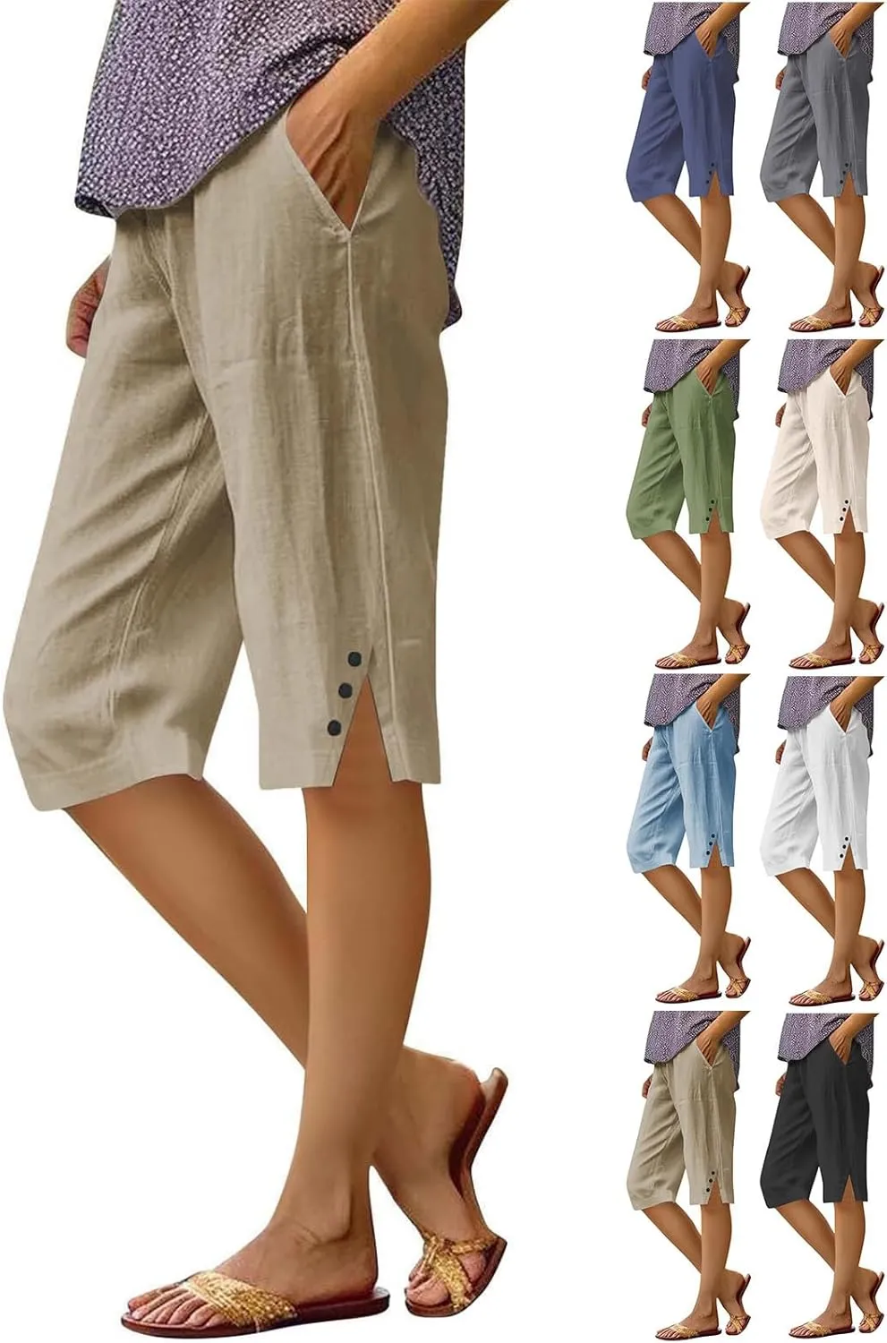 Linen Bermuda Shorts for Women Knee Length Lightweight Casual Capris Pants Ladies Summer Outfits with Pockets