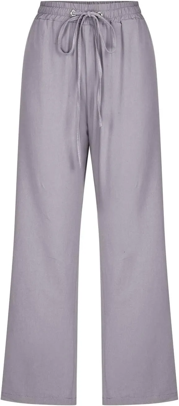 Linen Capri Pants for Women 2025 Summer Cropped Palazzo Pant Drawstring Elastic Waist Trousers Wide Leg Cotton Pants