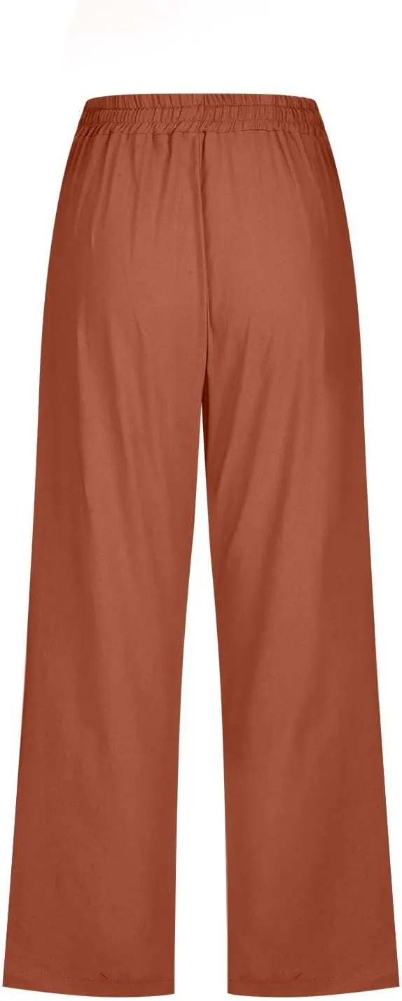 Linen Capri Pants for Women 2025 Summer Cropped Palazzo Pant Drawstring Elastic Waist Trousers Wide Leg Cotton Pants