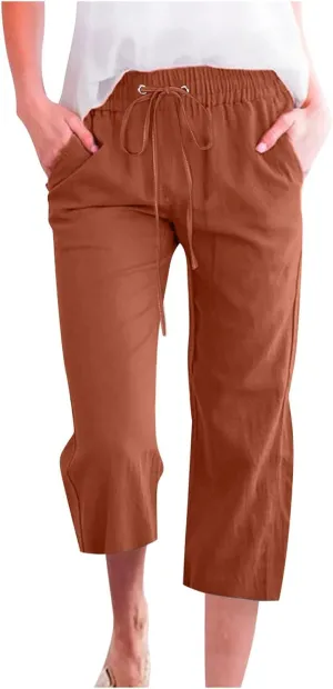 Linen Capri Pants for Women 2025 Summer Cropped Palazzo Pant Drawstring Elastic Waist Trousers Wide Leg Cotton Pants