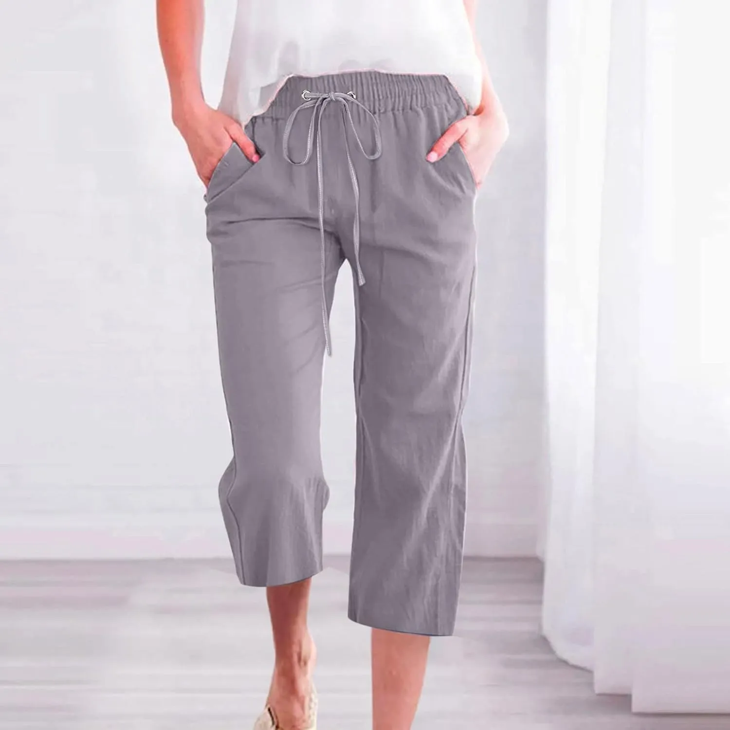 Linen Capri Pants for Women 2025 Summer Cropped Palazzo Pant Drawstring Elastic Waist Trousers Wide Leg Cotton Pants