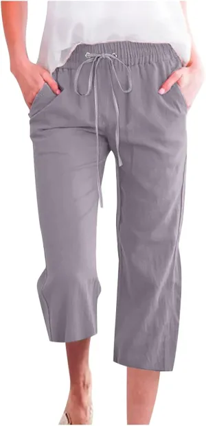 Linen Capri Pants for Women 2025 Summer Cropped Palazzo Pant Drawstring Elastic Waist Trousers Wide Leg Cotton Pants