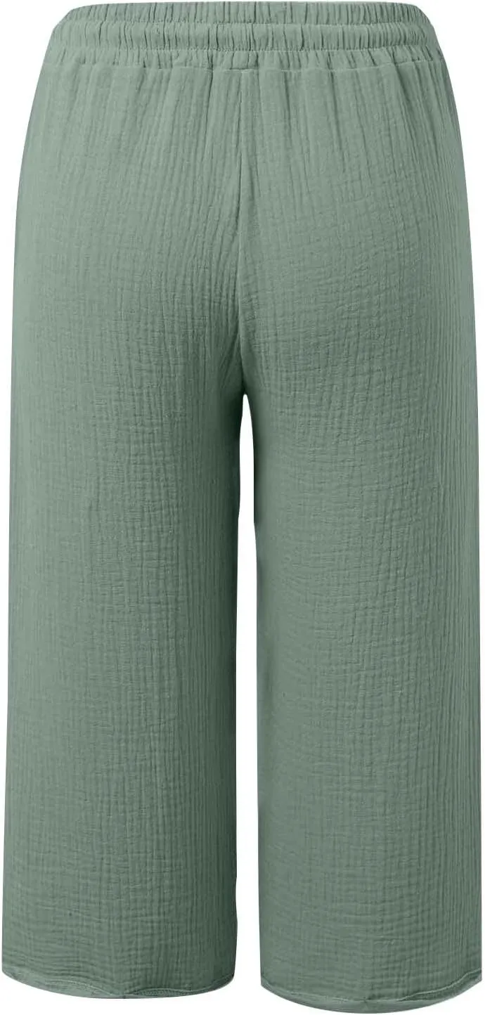Linen Capri Pants for Women High Waisted Wide Leg Cropped Palazzo Pants with Pockets Casual Summer Boho Beach Pant