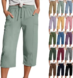 Linen Capri Pants for Women High Waisted Wide Leg Cropped Palazzo Pants with Pockets Casual Summer Boho Beach Pant