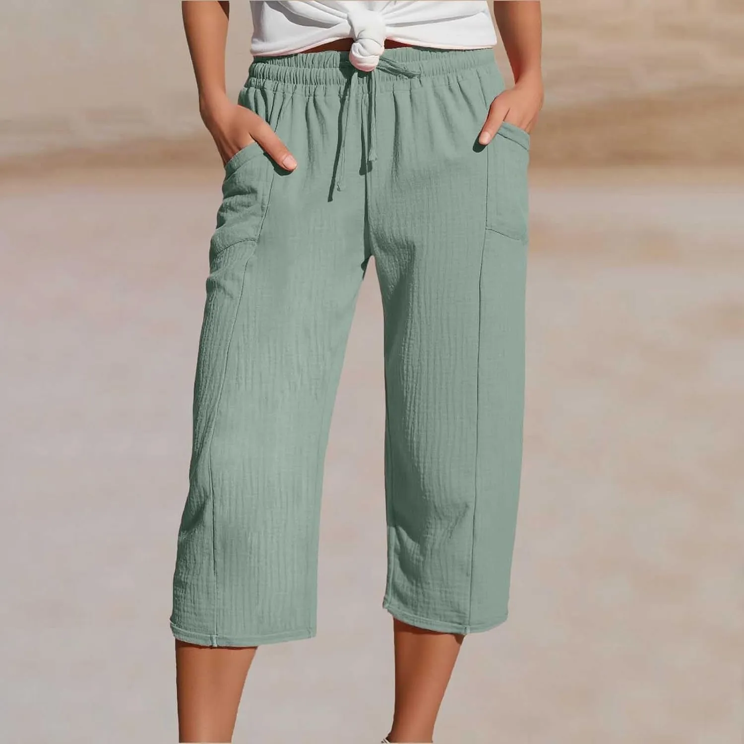 Linen Capri Pants for Women High Waisted Wide Leg Cropped Palazzo Pants with Pockets Casual Summer Boho Beach Pant