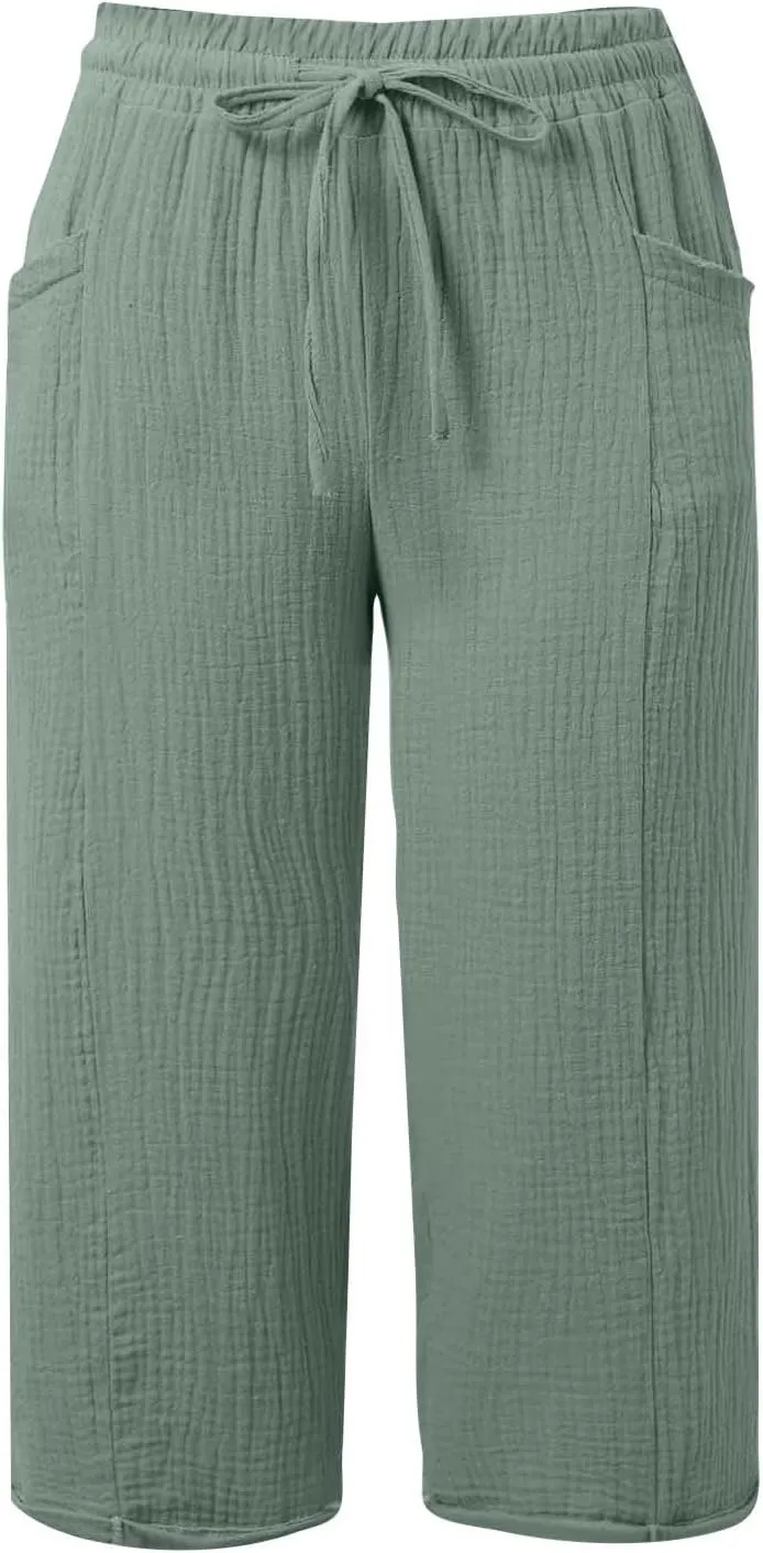 Linen Capri Pants for Women High Waisted Wide Leg Cropped Palazzo Pants with Pockets Casual Summer Boho Beach Pant