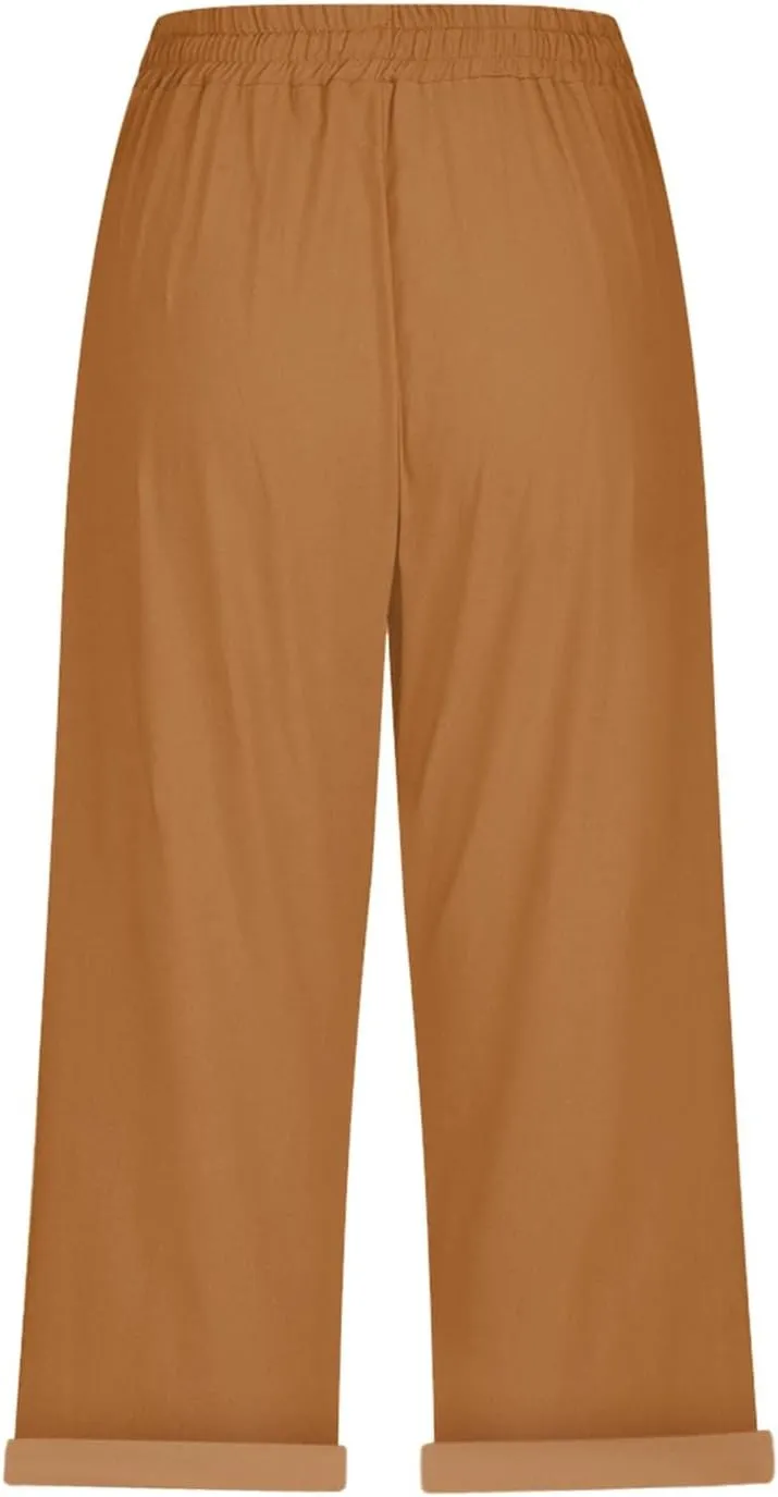 Linen Capris for Women Cotton Elastic Long Pants Beach Leisure Trousers Crop Beach Trousers Women Linen Capri Pants