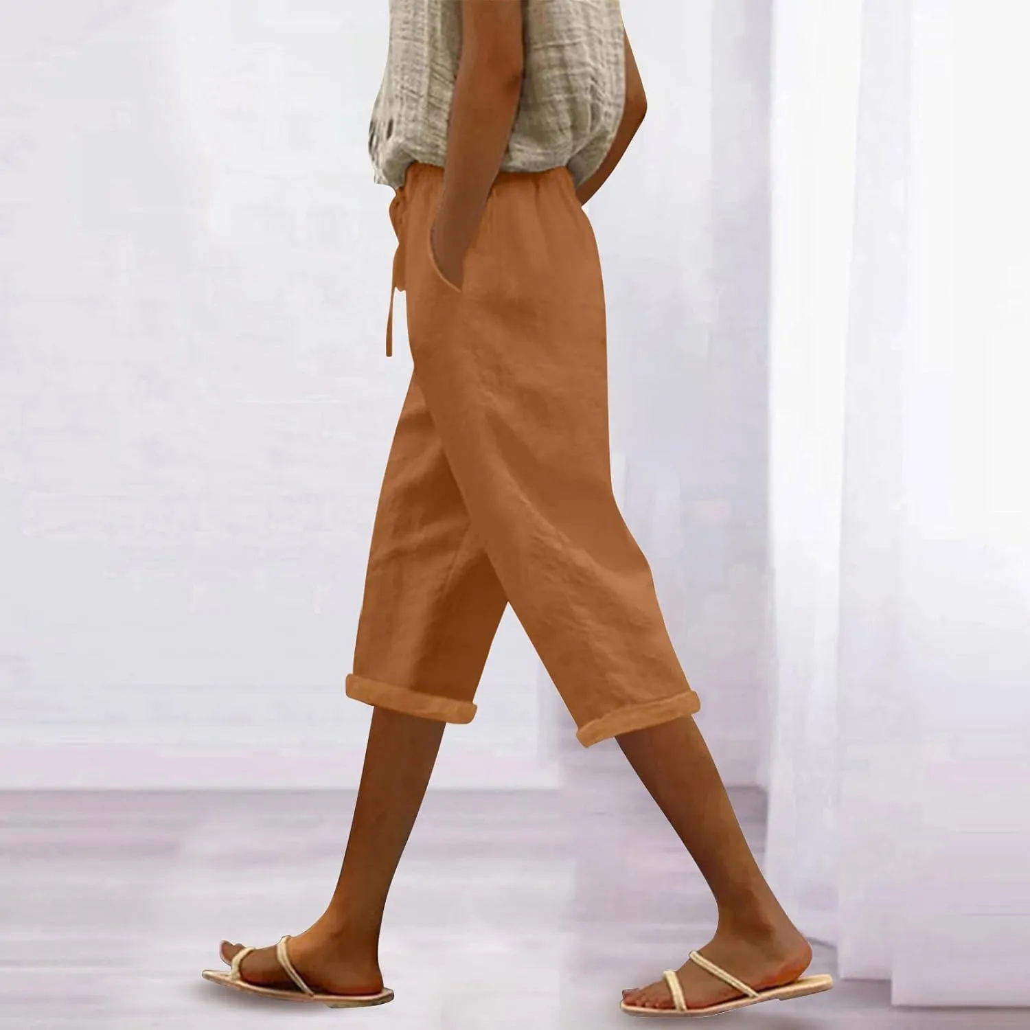 Linen Capris for Women Cotton Elastic Long Pants Beach Leisure Trousers Crop Beach Trousers Women Linen Capri Pants