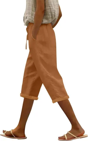 Linen Capris for Women Cotton Elastic Long Pants Beach Leisure Trousers Crop Beach Trousers Women Linen Capri Pants