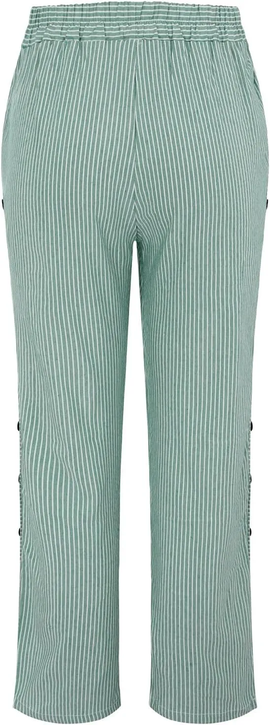 Linen Capris for Women Striped Pants Stripe Print Side Trendy Pants Baggy Elastic Waist Straight Leg Comfy Trousers