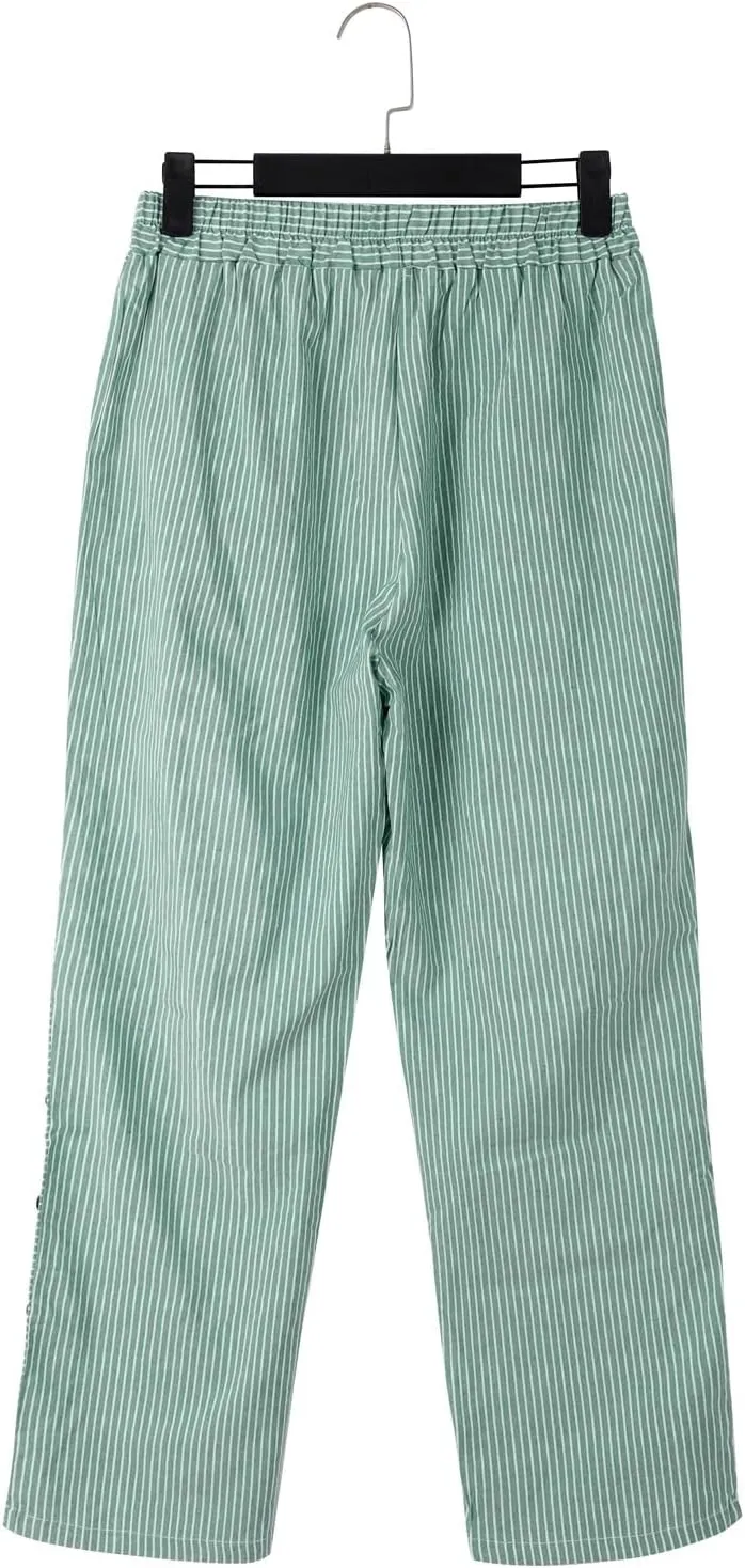 Linen Capris for Women Striped Pants Stripe Print Side Trendy Pants Baggy Elastic Waist Straight Leg Comfy Trousers