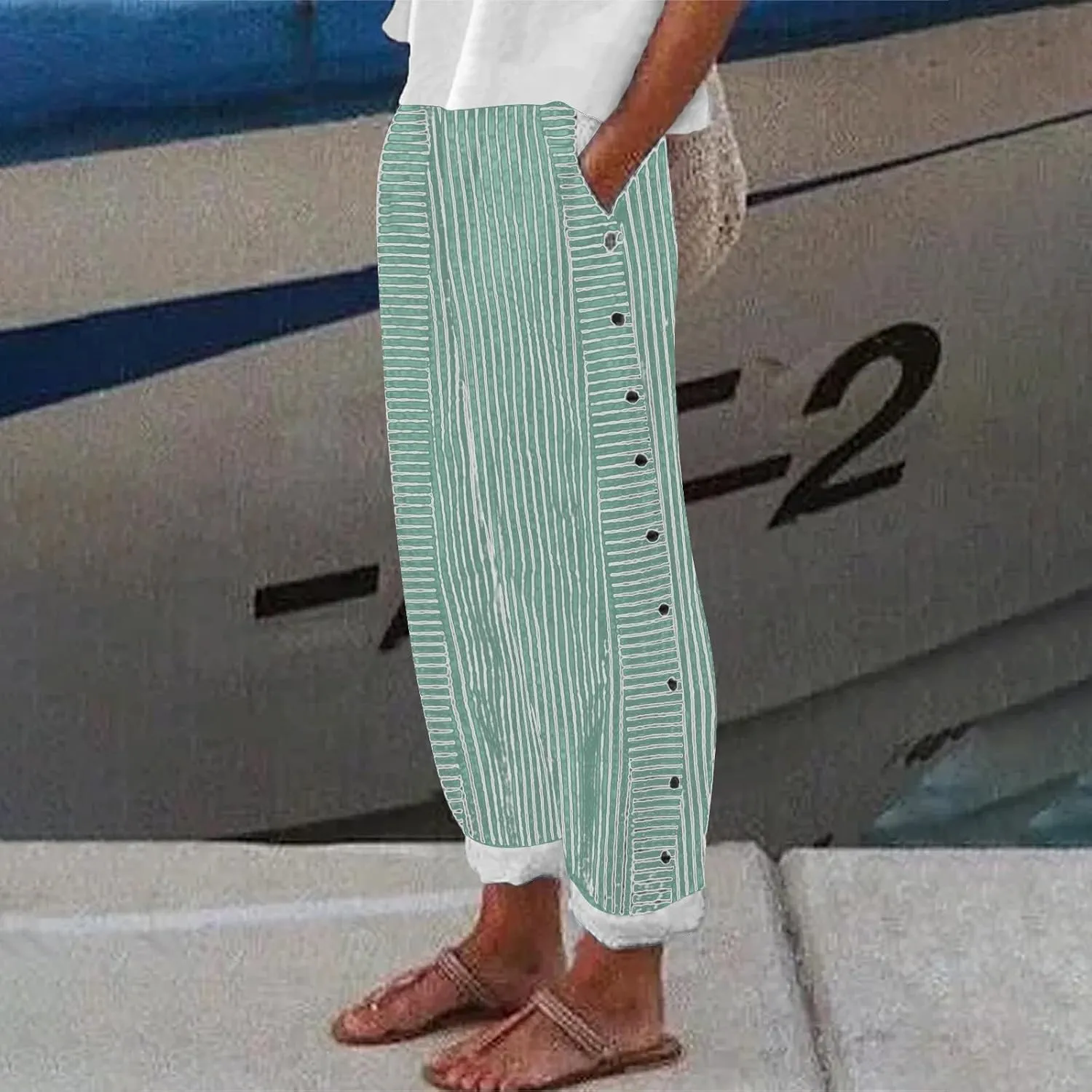 Linen Capris for Women Striped Pants Stripe Print Side Trendy Pants Baggy Elastic Waist Straight Leg Comfy Trousers