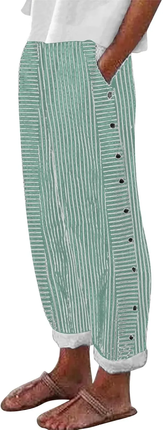 Linen Capris for Women Striped Pants Stripe Print Side Trendy Pants Baggy Elastic Waist Straight Leg Comfy Trousers