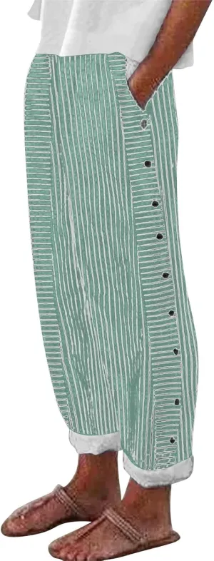 Linen Capris for Women Striped Pants Stripe Print Side Trendy Pants Baggy Elastic Waist Straight Leg Comfy Trousers