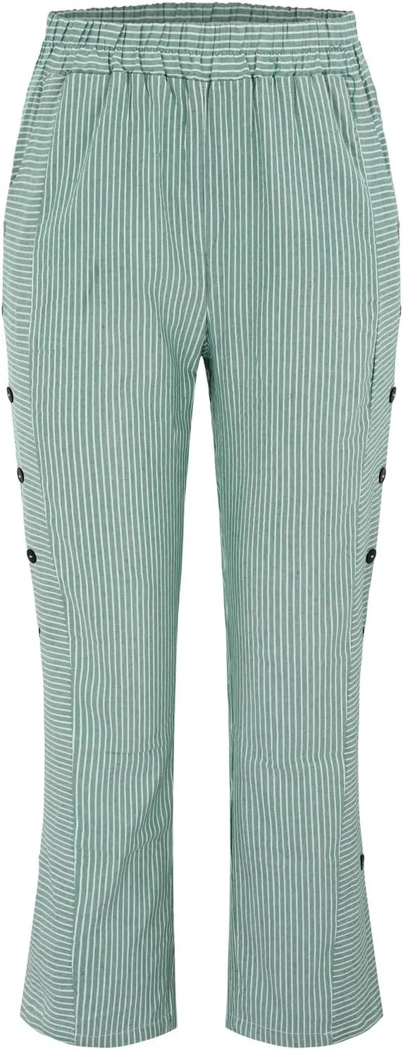 Linen Capris for Women Striped Pants Stripe Print Side Trendy Pants Baggy Elastic Waist Straight Leg Comfy Trousers