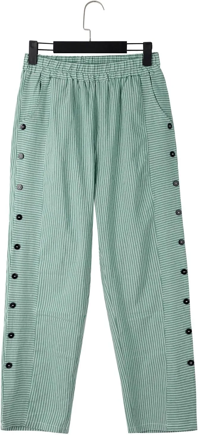 Linen Capris for Women Striped Pants Stripe Print Side Trendy Pants Baggy Elastic Waist Straight Leg Comfy Trousers
