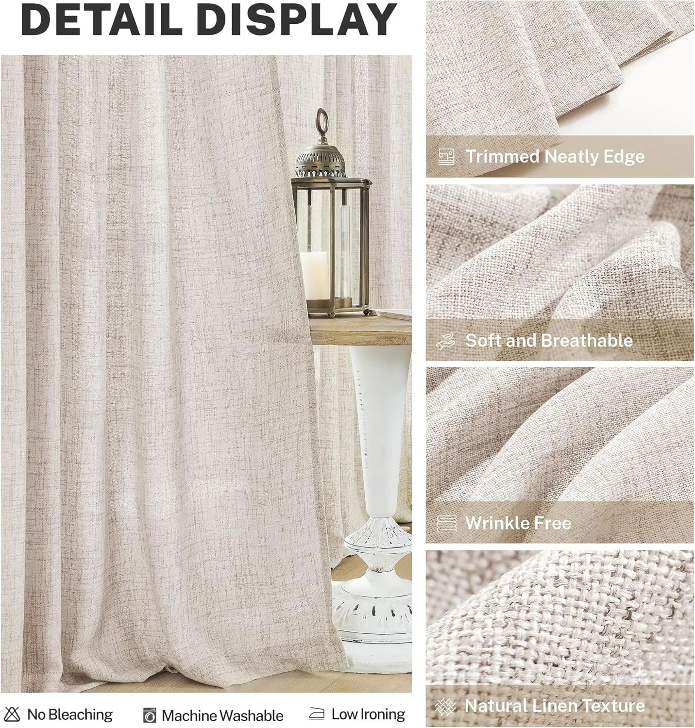 Linen Drapes 95 Inch Long Curtains 2 Panels Set Rod Pocket Back Tab Light Filtering Privacy Window Sheer Curtain Panels for Living Room Bedroom Farmhouse, 50x95 in Long