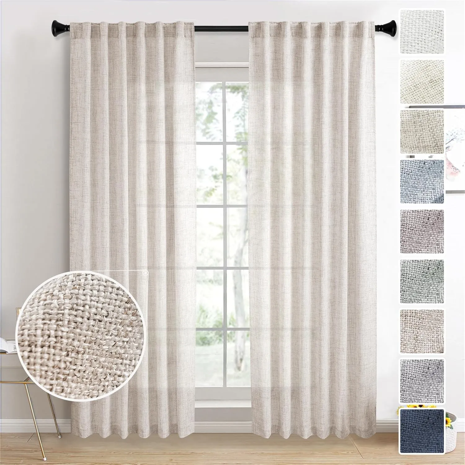 Linen Drapes 95 Inch Long Curtains 2 Panels Set Rod Pocket Back Tab Light Filtering Privacy Window Sheer Curtain Panels for Living Room Bedroom Farmhouse, 50x95 in Long