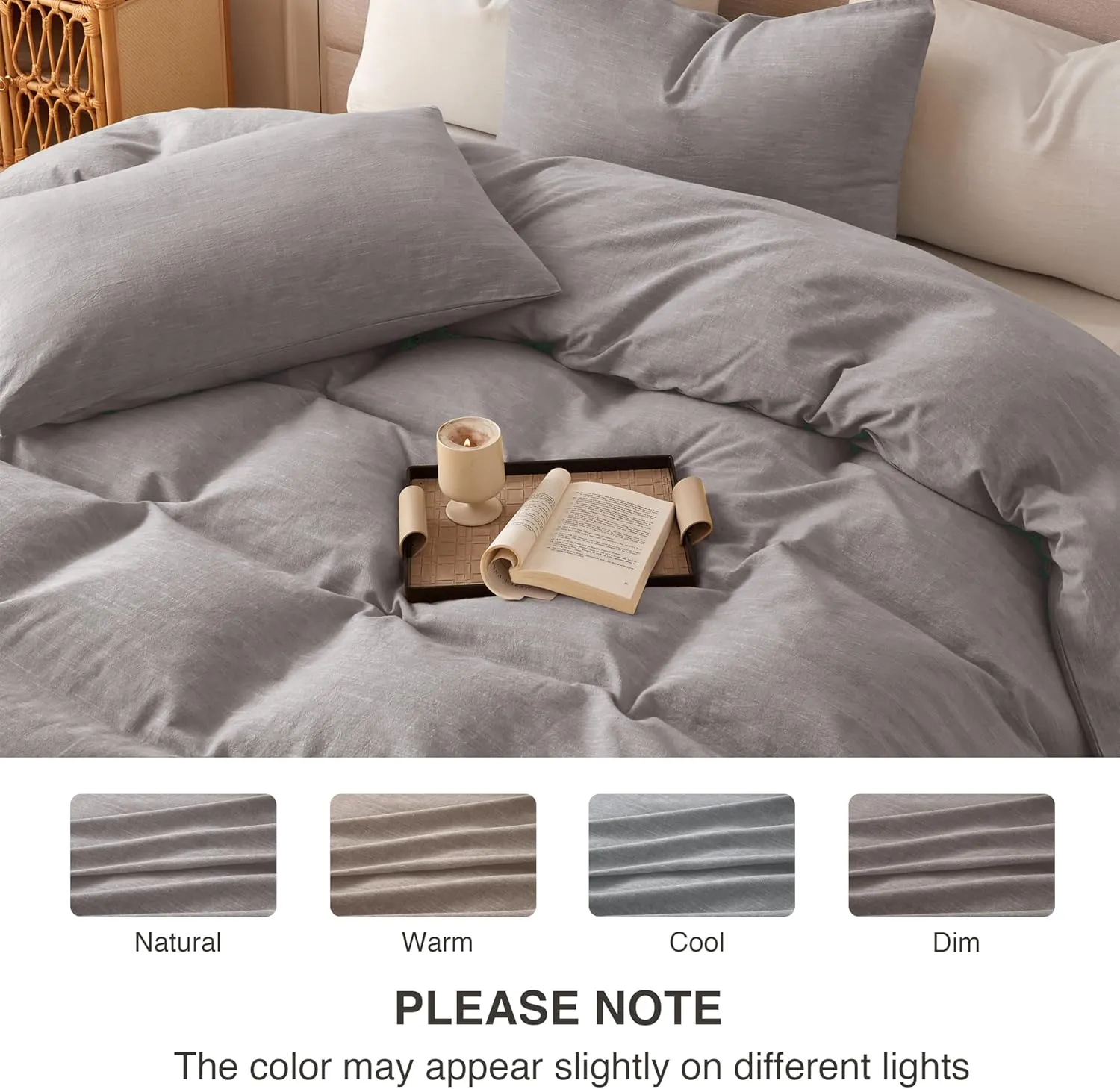 Linen Duvet Cover California King - Soft Breathable Cotton Linen Blend, 3-Pieces Bedding Set with 2 Pillowcases, Stonewashed Texture, Grayish Purple, All-Season Comfort