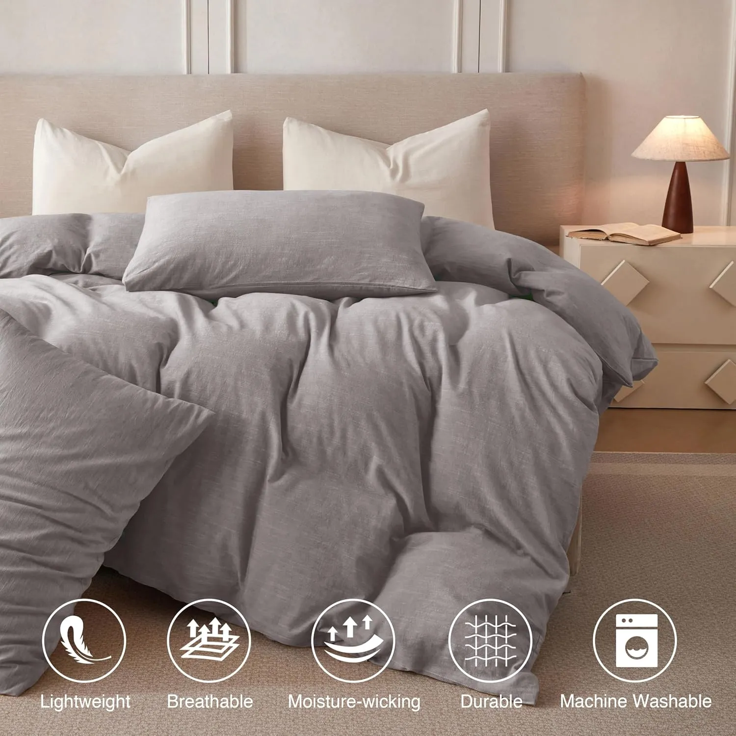 Linen Duvet Cover California King - Soft Breathable Cotton Linen Blend, 3-Pieces Bedding Set with 2 Pillowcases, Stonewashed Texture, Grayish Purple, All-Season Comfort