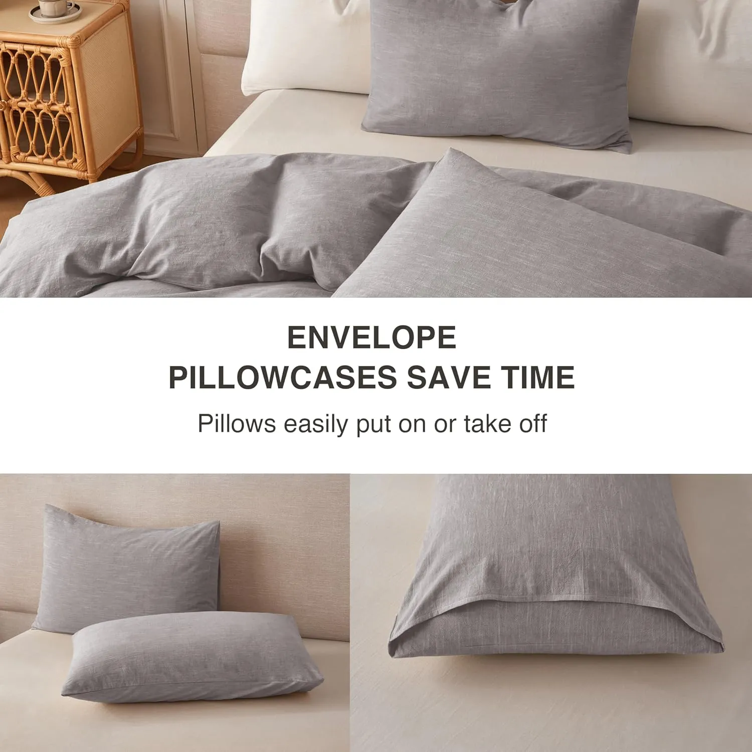 Linen Duvet Cover California King - Soft Breathable Cotton Linen Blend, 3-Pieces Bedding Set with 2 Pillowcases, Stonewashed Texture, Grayish Purple, All-Season Comfort