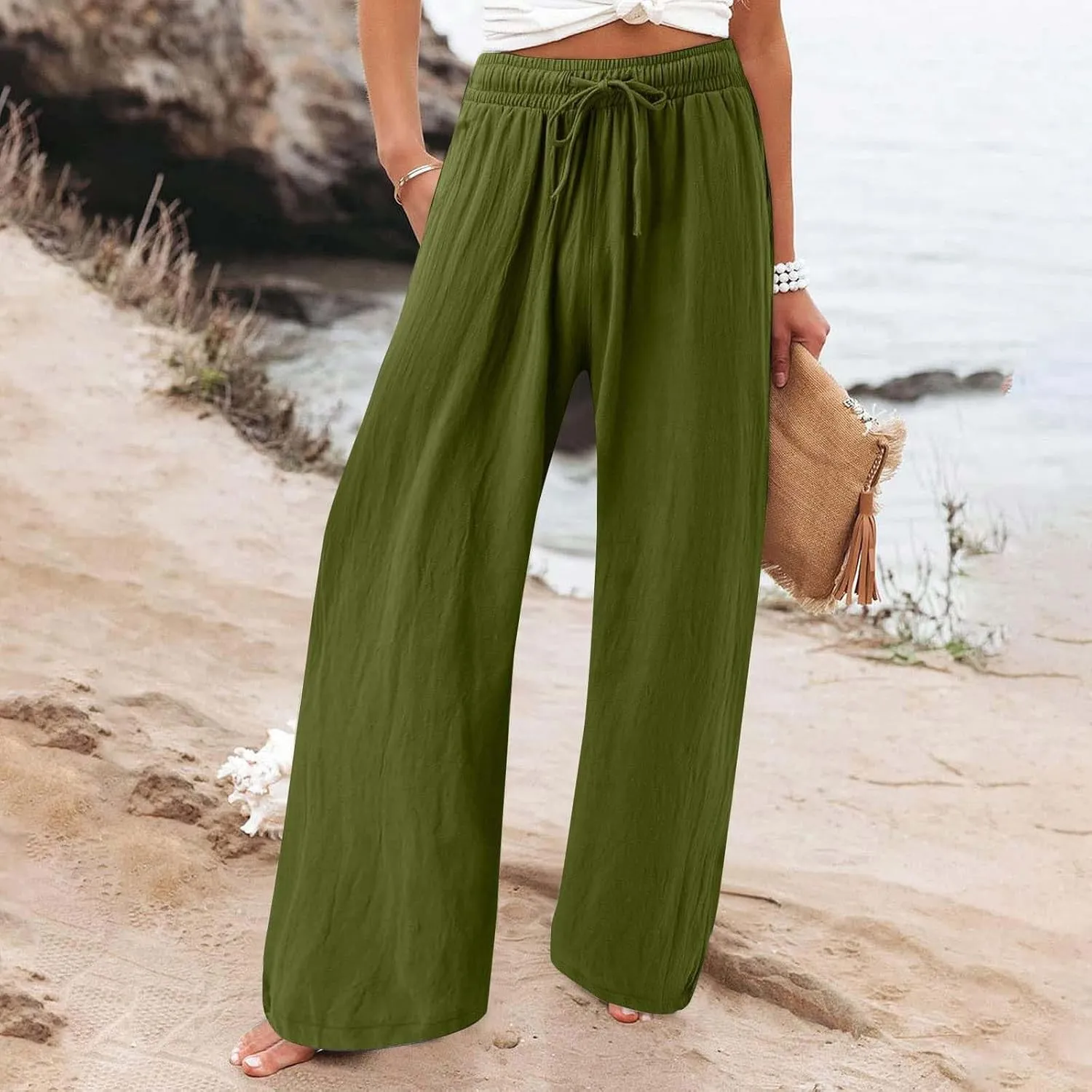 Linen Palazzo Pants for Womens 2025 Summer High Waisted Flowy Wide Leg Drawstring Casual Trousers Beach Vacation Outfits