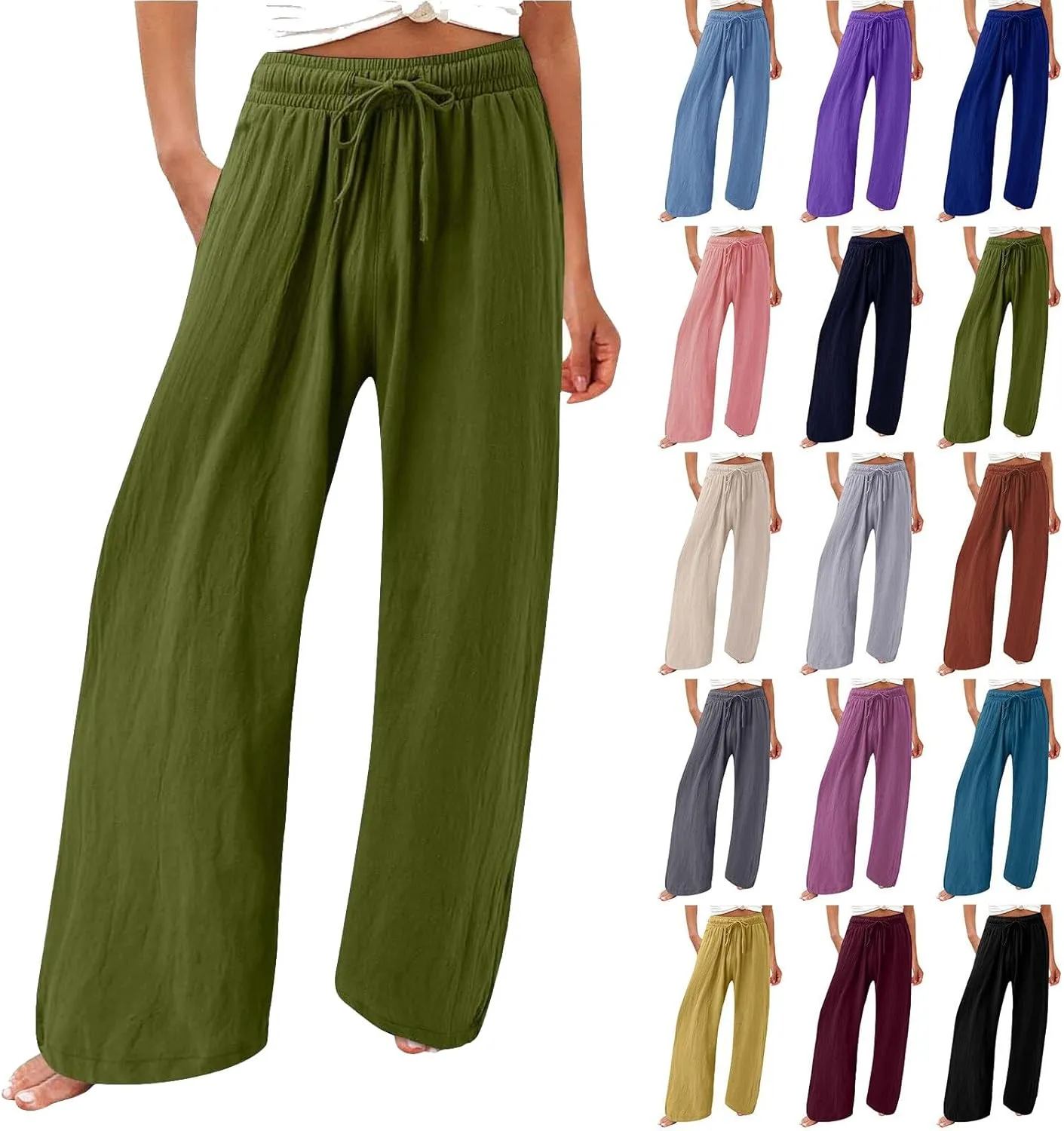 Linen Palazzo Pants for Womens 2025 Summer High Waisted Flowy Wide Leg Drawstring Casual Trousers Beach Vacation Outfits