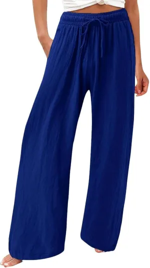 Linen Palazzo Pants for Womens 2025 Summer High Waisted Flowy Wide Leg Drawstring Casual Trousers Beach Vacation Outfits