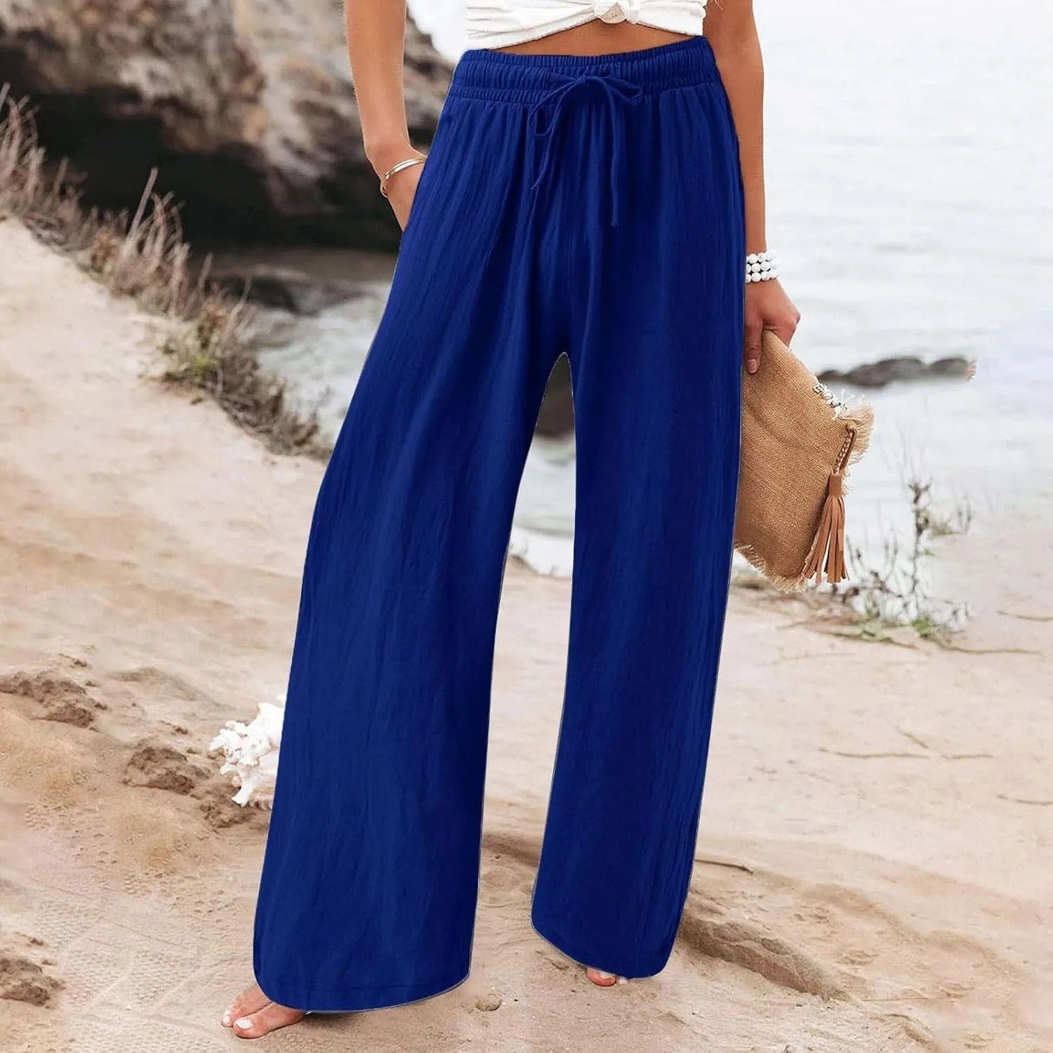 Linen Palazzo Pants for Womens 2025 Summer High Waisted Flowy Wide Leg Drawstring Casual Trousers Beach Vacation Outfits