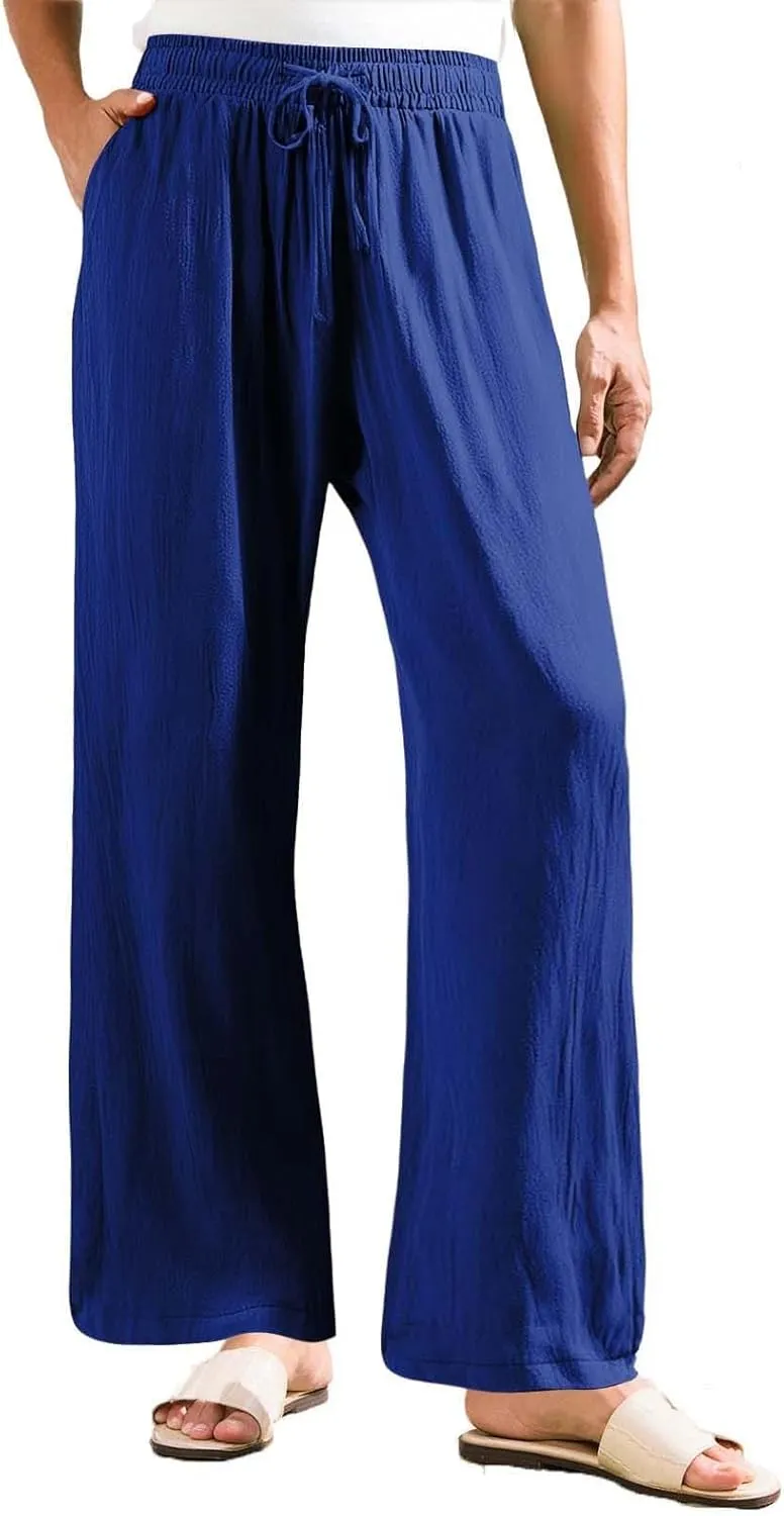 Linen Palazzo Pants for Womens 2025 Summer High Waisted Flowy Wide Leg Drawstring Casual Trousers Beach Vacation Outfits