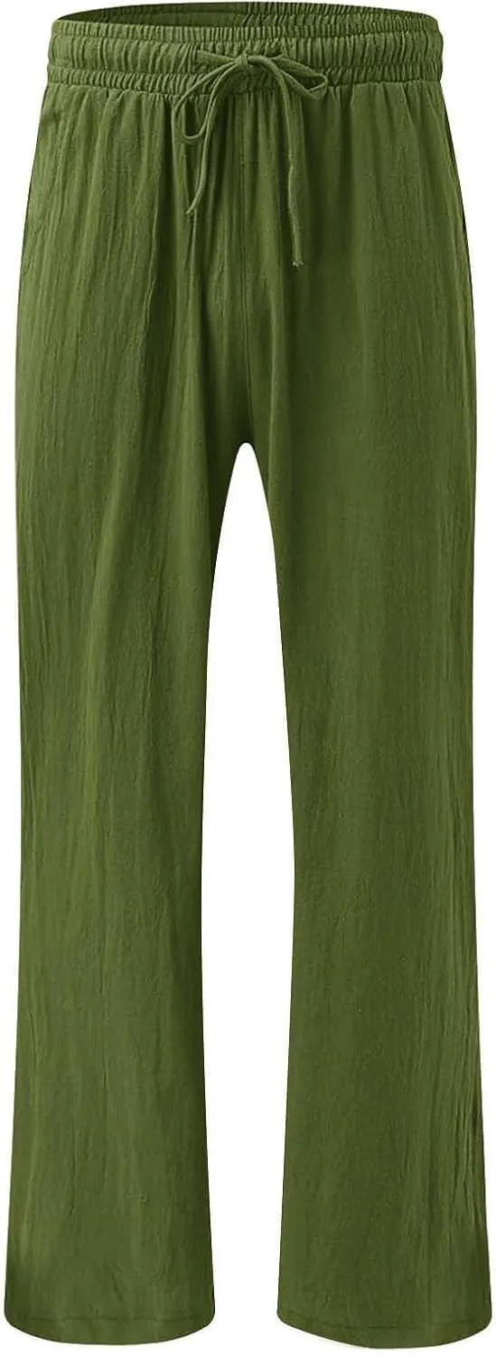 Linen Palazzo Pants for Womens 2025 Summer High Waisted Flowy Wide Leg Drawstring Casual Trousers Beach Vacation Outfits