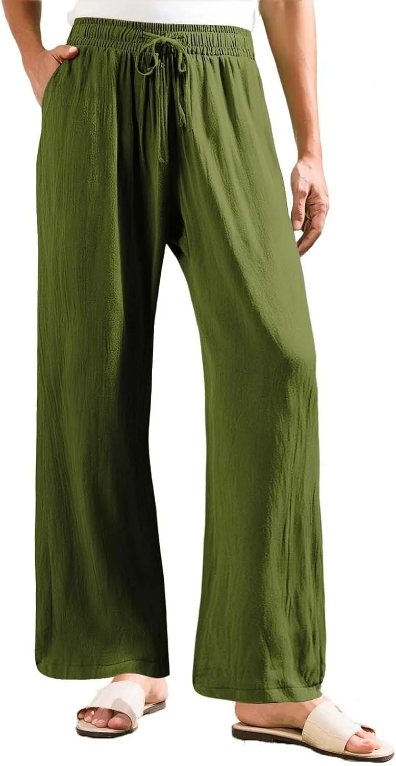 Linen Palazzo Pants for Womens 2025 Summer High Waisted Flowy Wide Leg Drawstring Casual Trousers Beach Vacation Outfits
