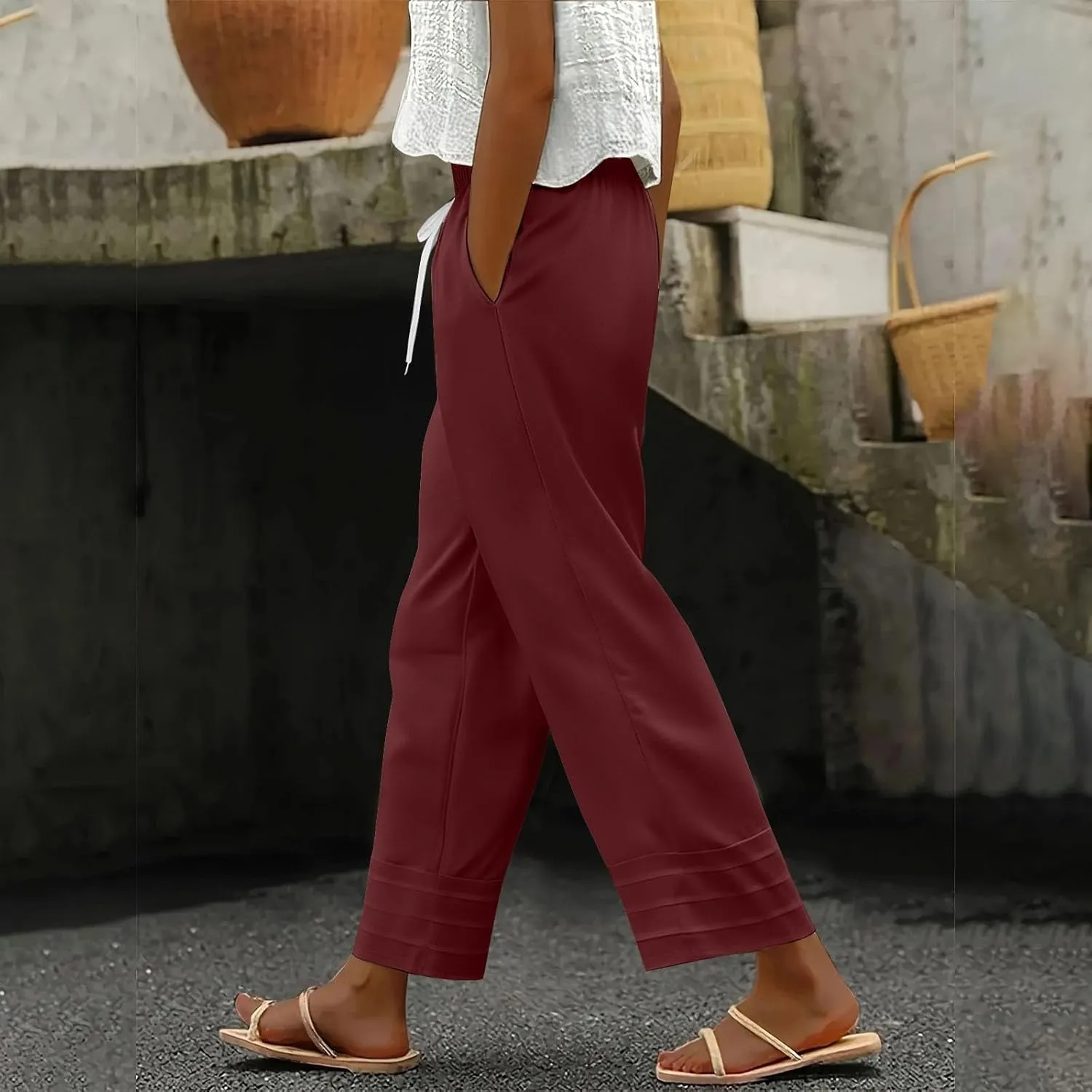Linen Pants for Women 2025 High Waisted Elastic Trendy Trousers Drawstring Wide Leg Plus Size Lightweight Comfy Pants