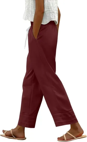 Linen Pants for Women 2025 High Waisted Elastic Trendy Trousers Drawstring Wide Leg Plus Size Lightweight Comfy Pants