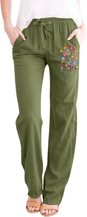Linen Pants for Women Solid Elastic Pants Long Drawstring Linen Women Waist Cotton Casual Pants Tall Pants for Women